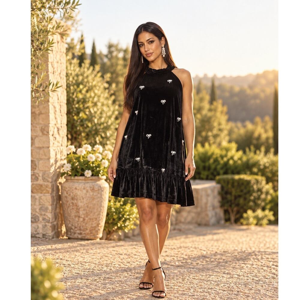 CeCe Black Velvet Rhinestone Pearl Bow Mock Neck Mini Cocktail Dress XL NWT